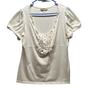 Romy Knit Blouse Women's XL Ruffle Front Ivory Short Sleeve Stretch Lightweight